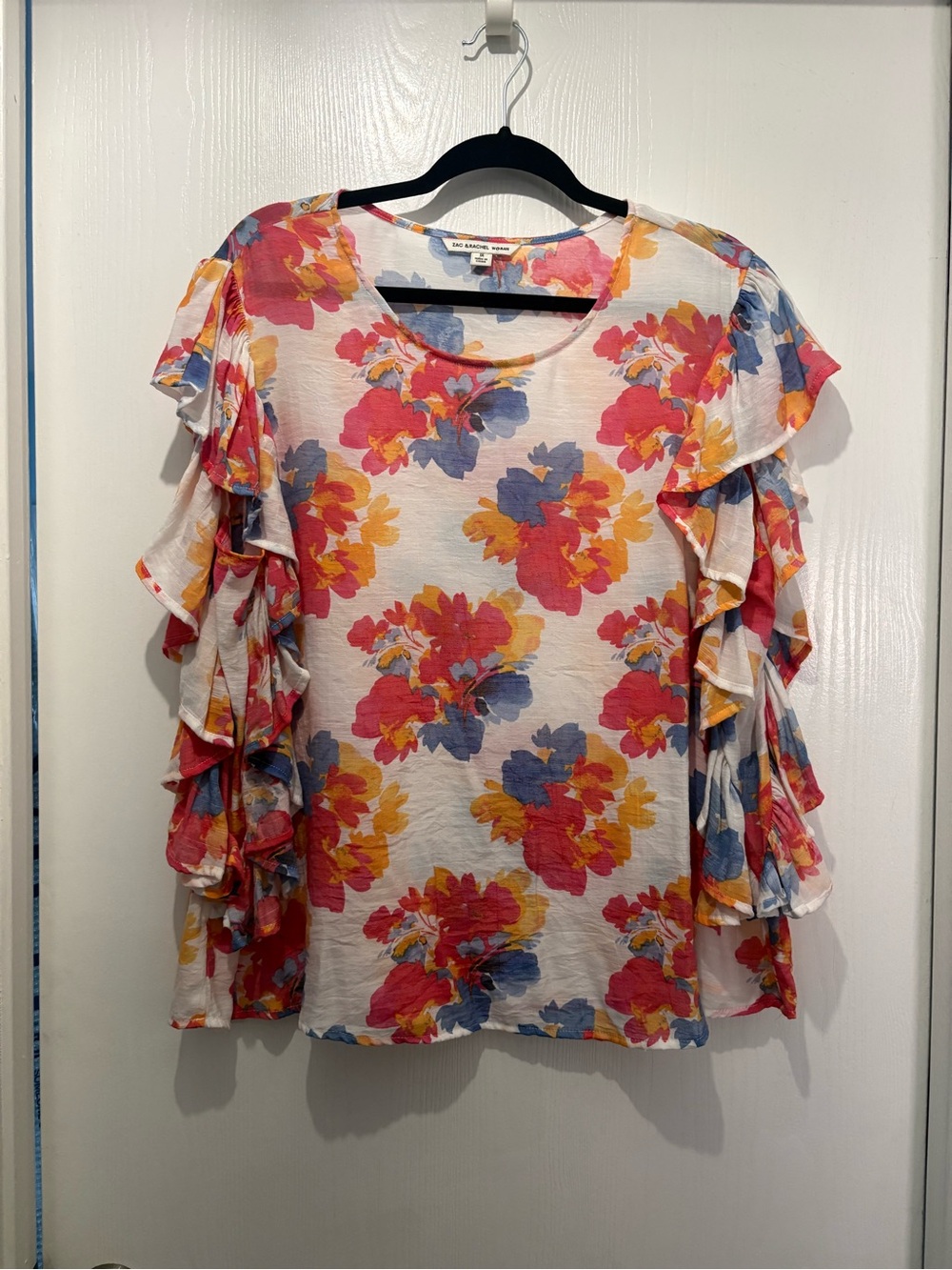 Zac & Rachel Floral Ruffle Sleeve Blouse - Pink, Blue, White, Apricot 1X